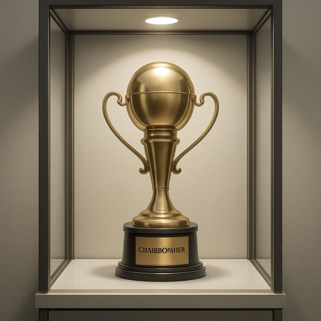 chairbonsher trophy in a glass case