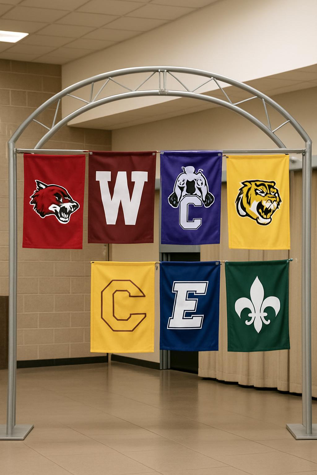 A collection of six fabric banners hung from an arched metal frame, featuring six school logos each represented by distinc...