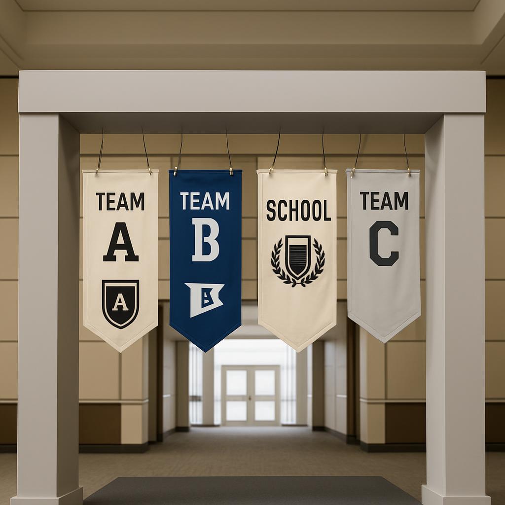 Three white and one blue banner hang from a white structure, each reading: TEAM A, TEAM B, SCHOOL, TEAM C.