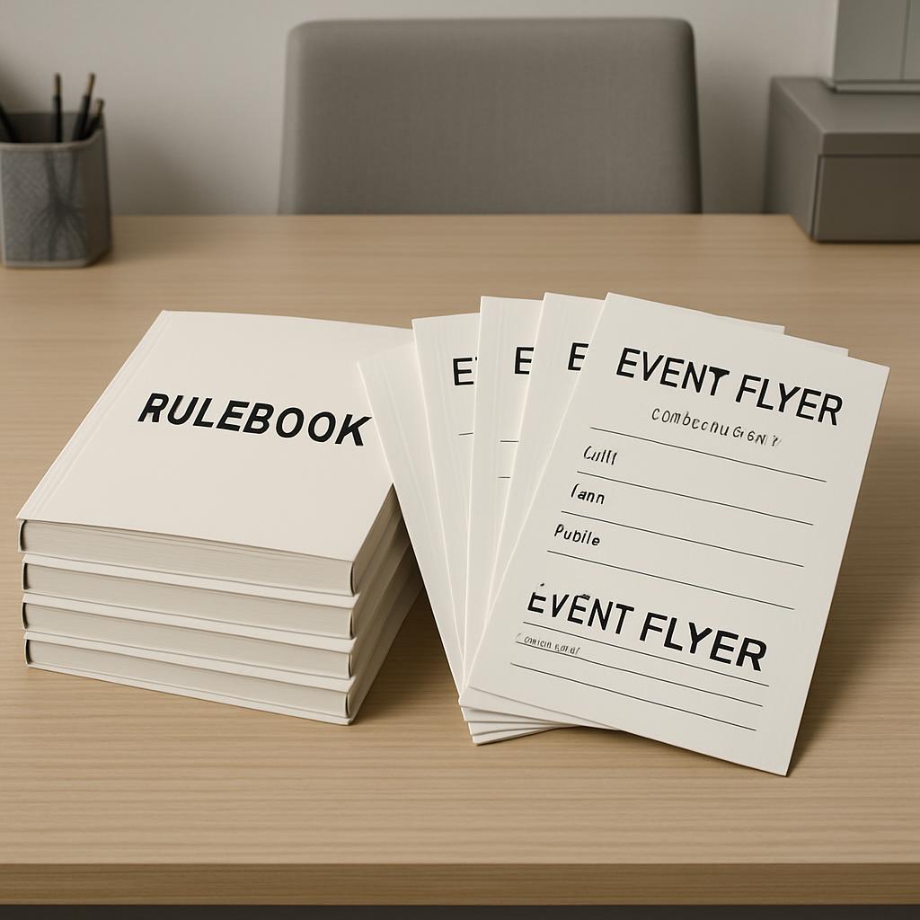 A stack of rulebooks and event flyers on a desk next to a grey chair. The flyers and books are white with gray lettering r...