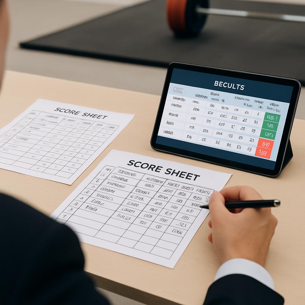 title Person in business suit working on score sheets and tablet displaying an athlete scoresheet with the letters BECULTS at th...