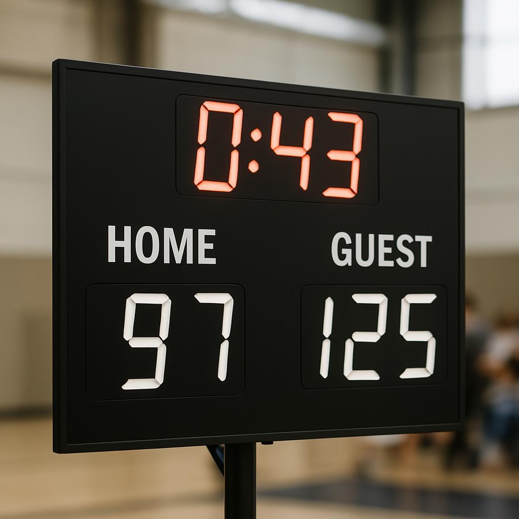 An analog scoreboard for a game, displaying a highly visible LED display of seconds remaining, with a score displayed belo...