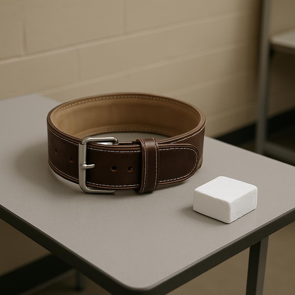 This product photograph shows a brown leather belt with white stitching displayed on top of a grey rectangular table.